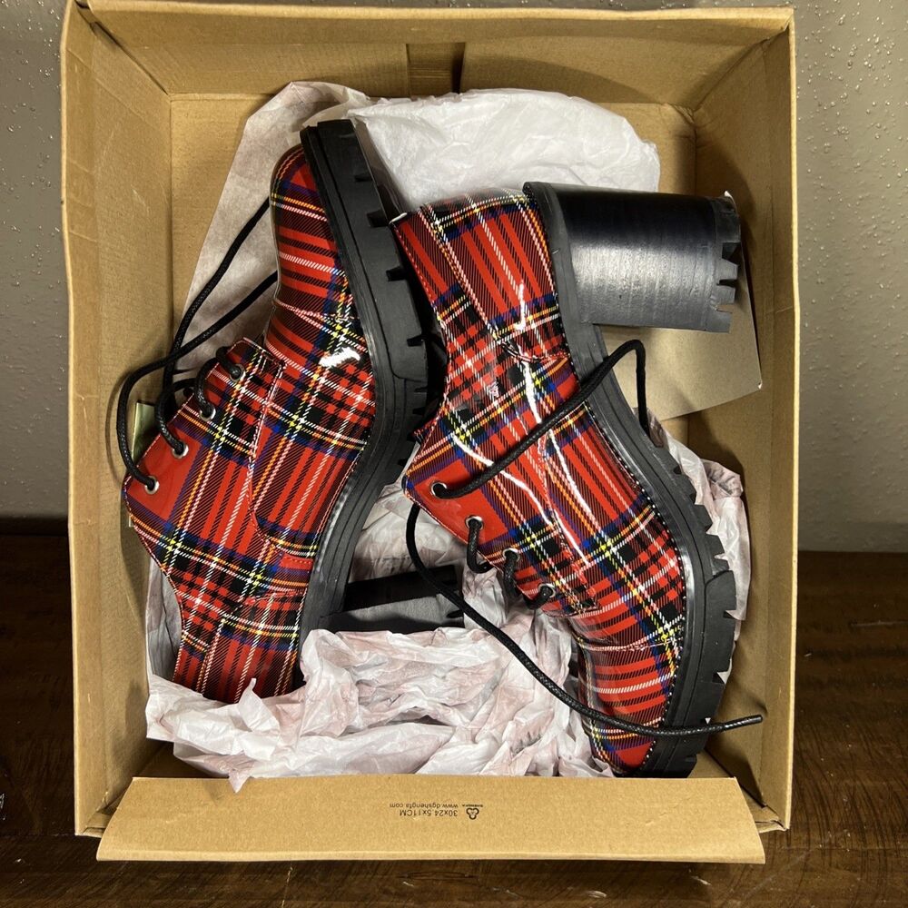 Jessica Simpson Sayze Lug Sole Oxford Shoes Chunky Platform Red/ Black Plaid 6.5